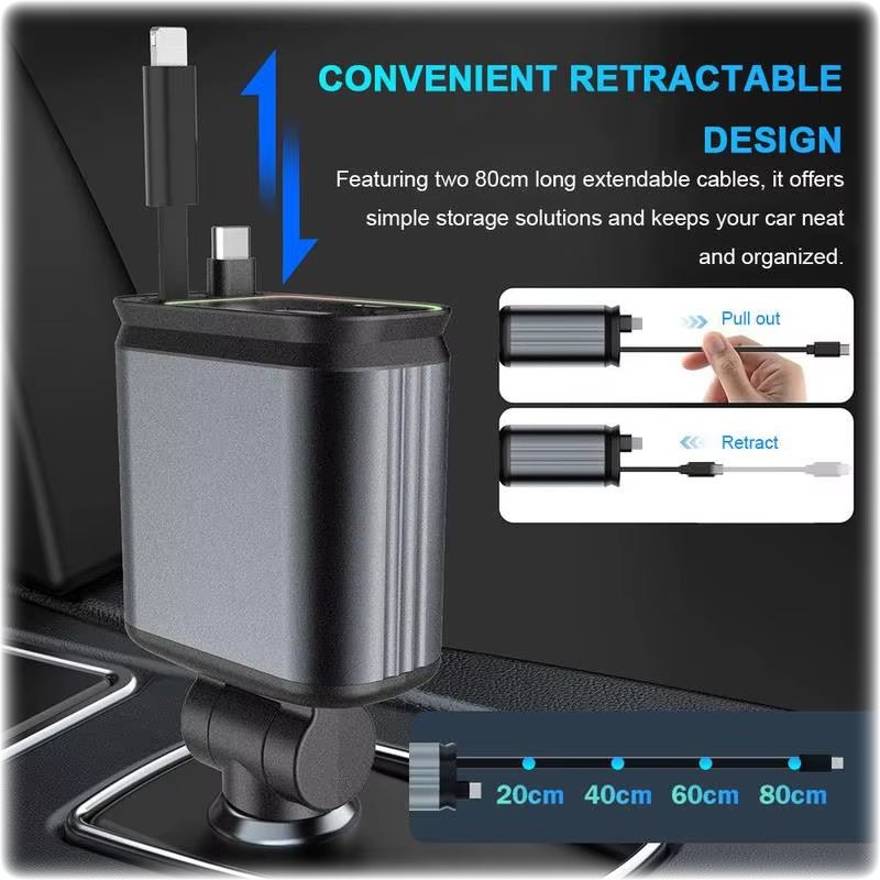 4 in 1 Car Charger with Starry Sky Spotlightretractable Car Charger with Charging Cable & 2Charging Ports, Universal Car Charger