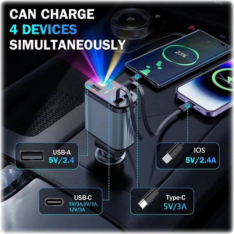 4 in 1 Car Charger with Starry Sky Spotlightretractable Car Charger with Charging Cable & 2Charging Ports, Universal Car Charger