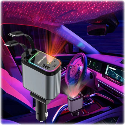 4 in 1 Car Charger with Starry Sky Spotlightretractable Car Charger with Charging Cable & 2Charging Ports, Universal Car Charger